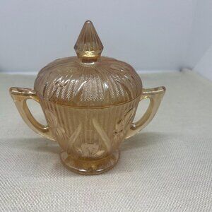 Vintage Jeanette Glass IRIS & HERRINGBONE Apricot Sugar Bowl EUC